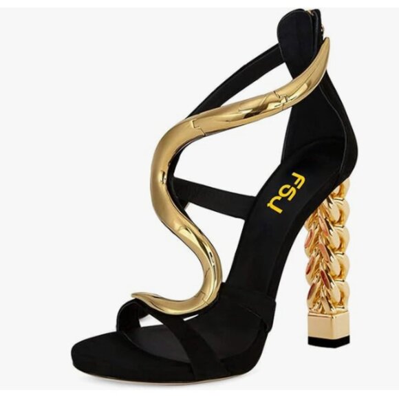 FSJ Gold S Gold Metal Chain Chunky High Heels Ankle Strap Sandals Open Toe Shoes - Picture 1 of 8